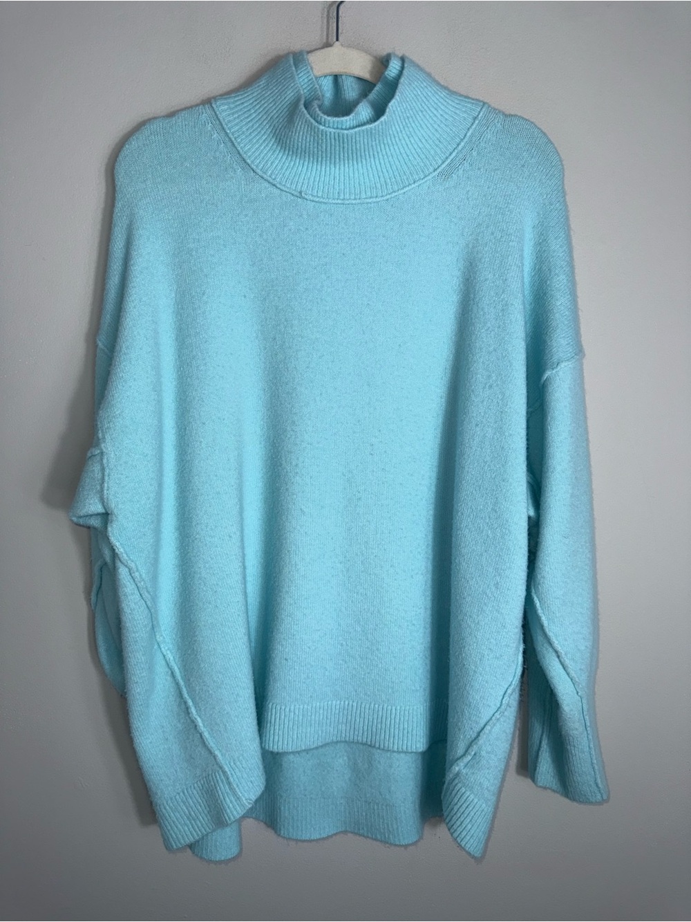 Free People Oversized Pullover Sweater-Light Aqua Blue-Mock Neck-Medium